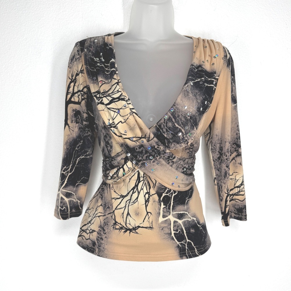 Joseph Ribkoff Vintage Women Tree Print Sequin Wrap Top Size 8 Whimsigoth Artsy